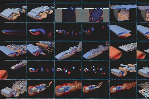 A graphic of various fluid flow simulations