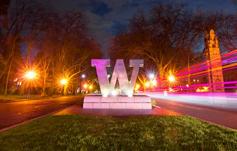 UW logo statue on campus at night