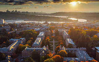 Aerial photo of campus as the sun begins to set