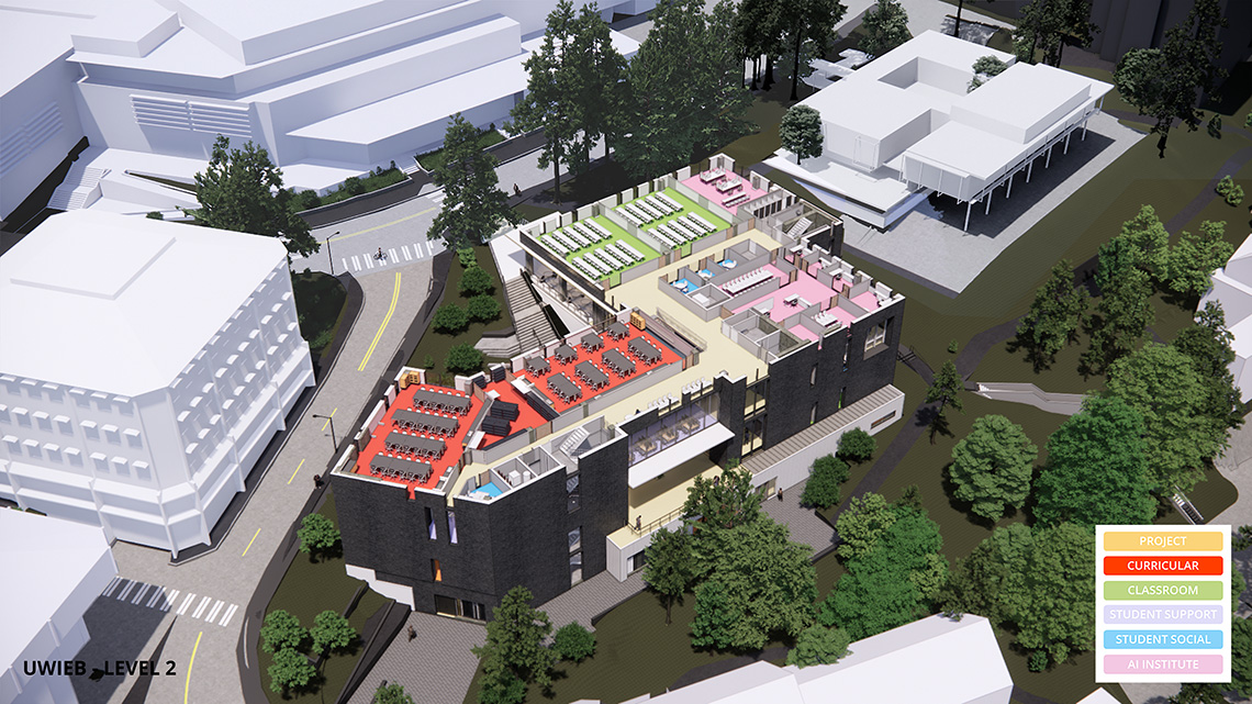 A rendering of the L2 level of the IEB, which consists mainly of flexible student spaces, curricular space, classroom space and AI Educational Institute.