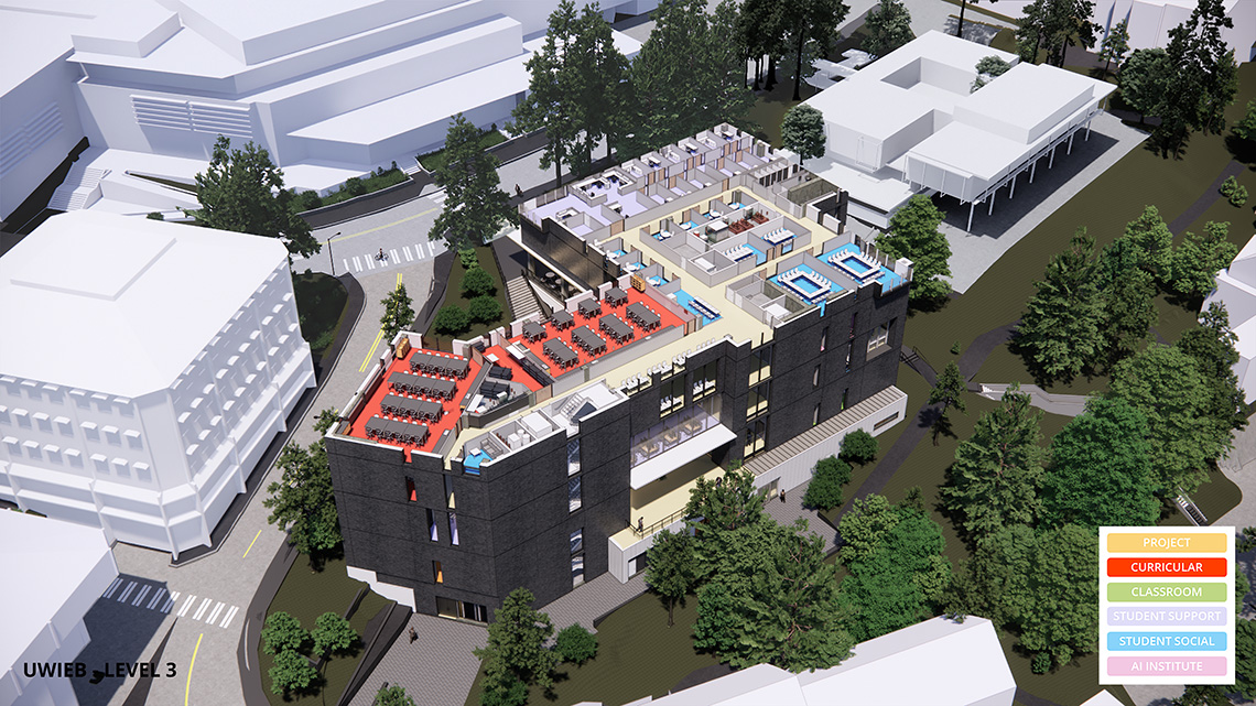 A rendering of the L3 level of the IEB, which consists mainly of curricular space, student support space and flexible student spaces.