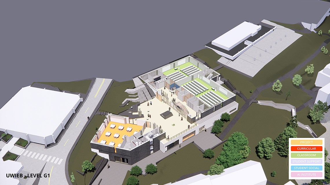 A rendering of the G1 level of the IEB, which consists mainly of project space and classroom space.