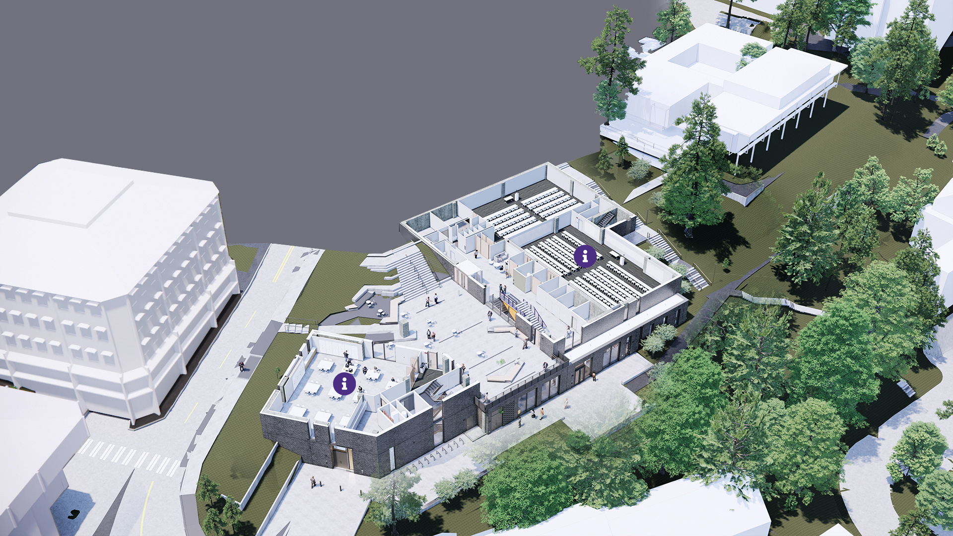 A rendering of the G1 level of the IEB, which consists mainly of project space and classroom space. Project space supports hands-on, applied learning with rooms and resources dedicated to the full life-cycle of engineering creation. Classroom space expands active learning space for students across the UW.