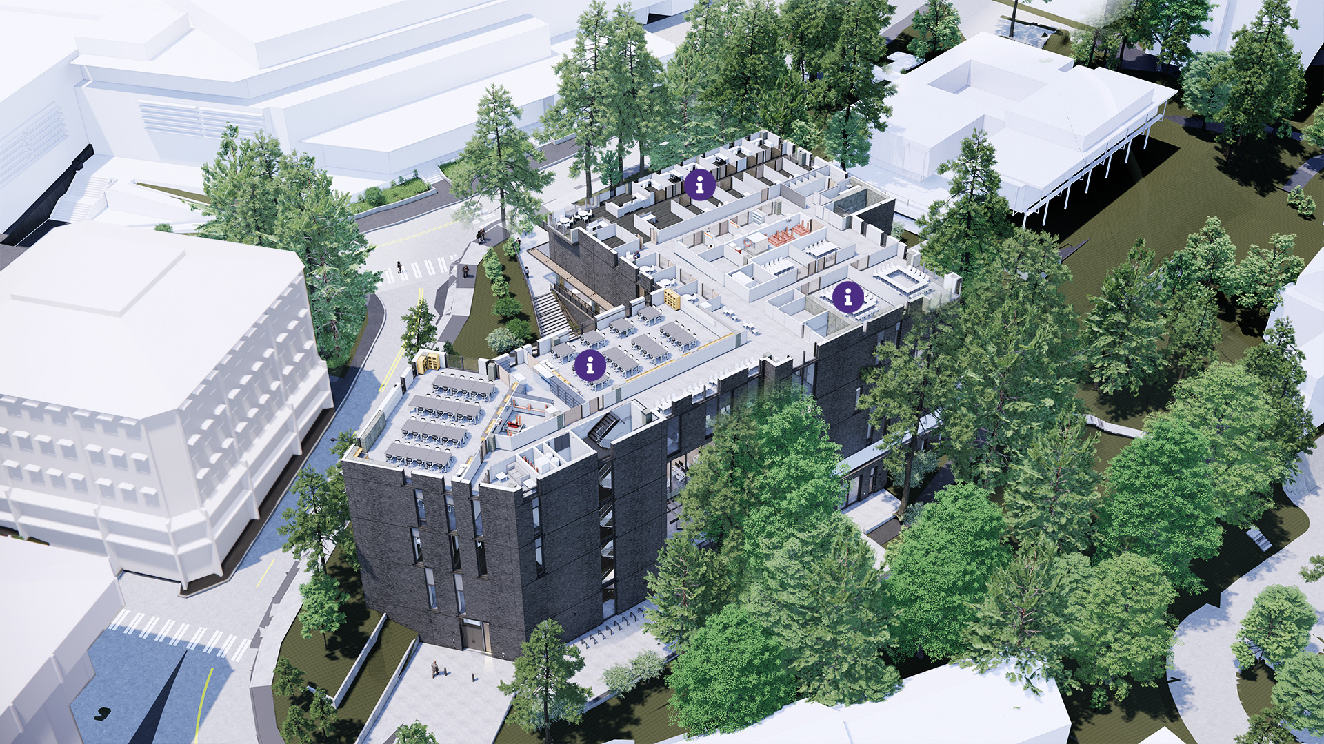 A rendering of the L3 level of the IEB, which consists mainly of curricular space, student support space and flexible student spaces. Curricular space consists of laboratory spaces that support project-based learning in engineering fundamentals, and are focused on course requirements for engineering students. These spaces will also be leveraged during non-class times for student teams and capstones use. Student support space is particularly focused on engineering students’ first year, the IEB will support students' needs for advising, tutoring and other learning support. Flexible student spaces incorporats student feedback in the building’s design, the IEB is intended to provide a welcoming environment that inspires student interaction. 