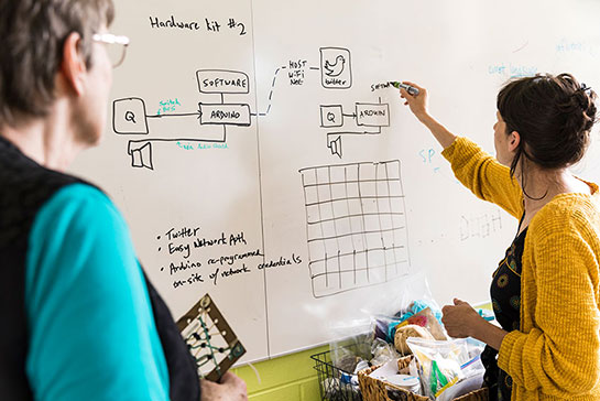 researchers writing on a whiteboard