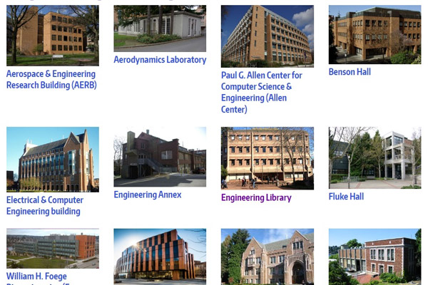 Screenshot of Engineering buildings page showing multiple buildings