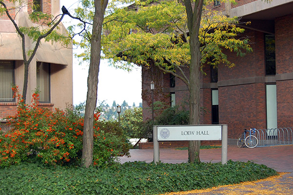 Loew Hall with sign and landscaping