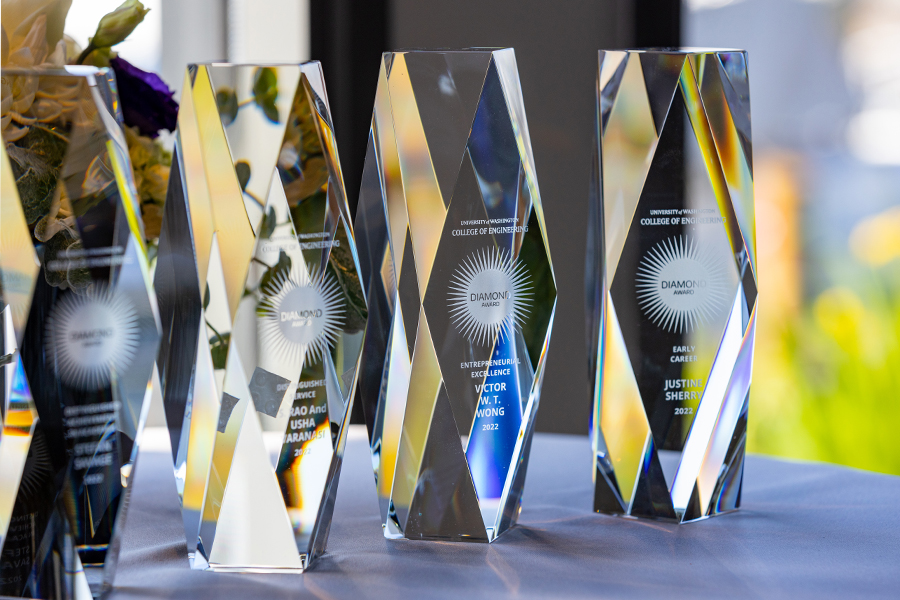 Photo of four crystal awards