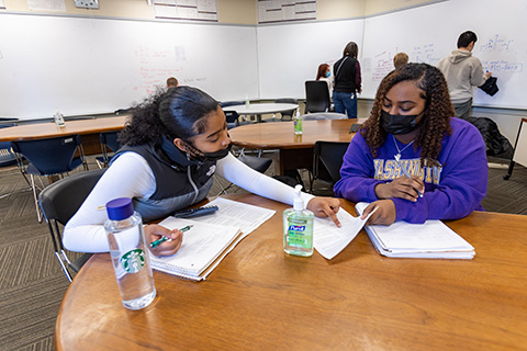 Two students sitting together next to a laptop