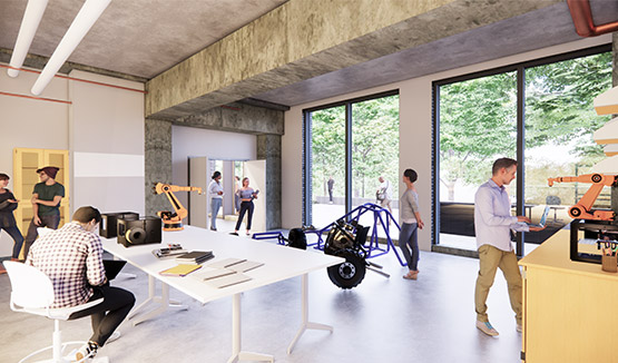 Rendering of new building assembly testing area. Different students and faculty are working on large scale prototypes and products