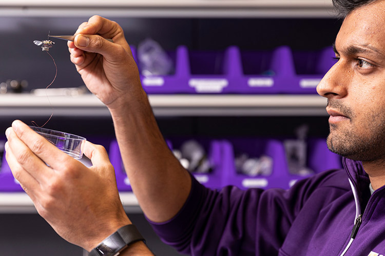 Man in a lab holding a small device with a tweezer