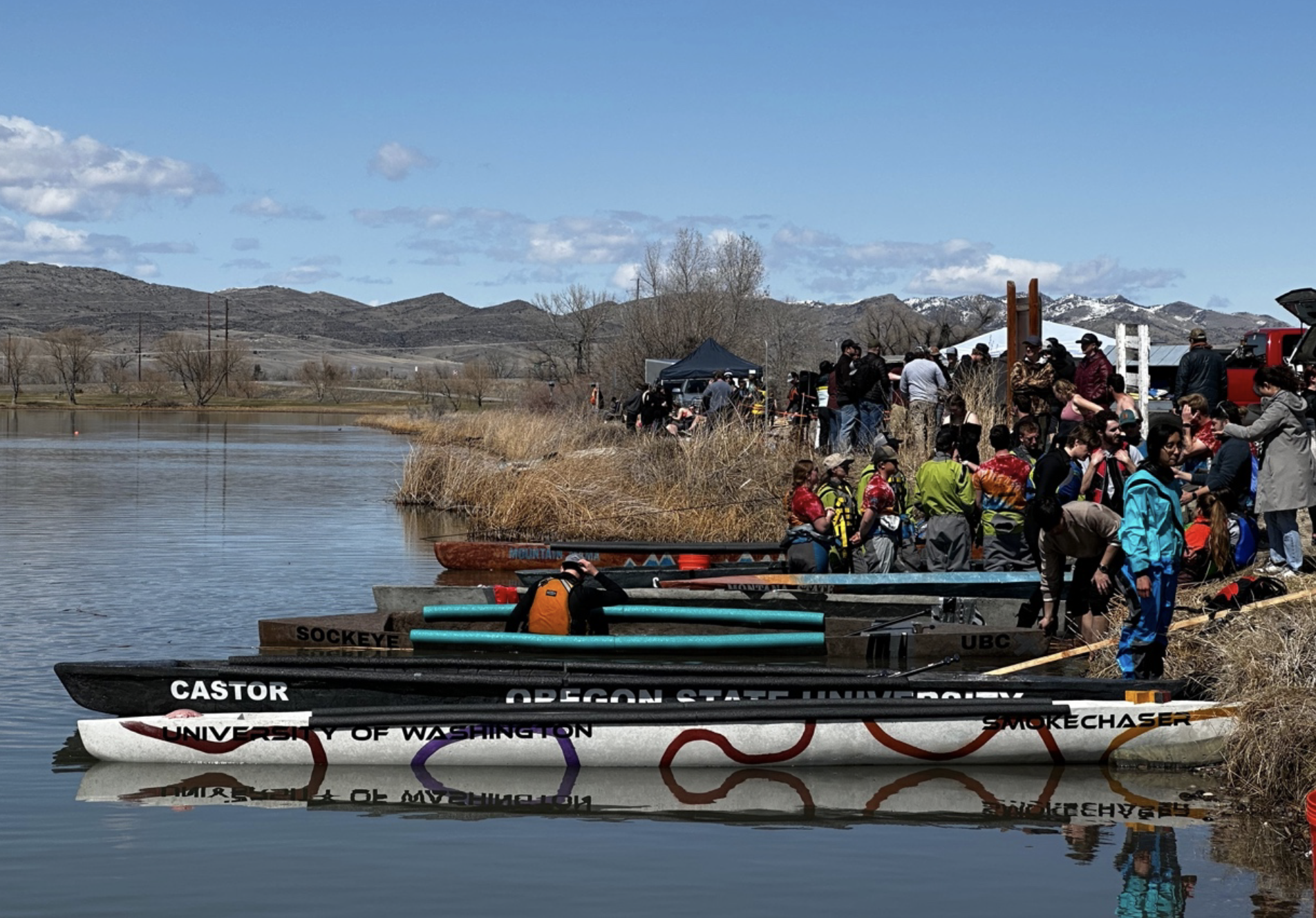 Canoes are in the water and lined up to race