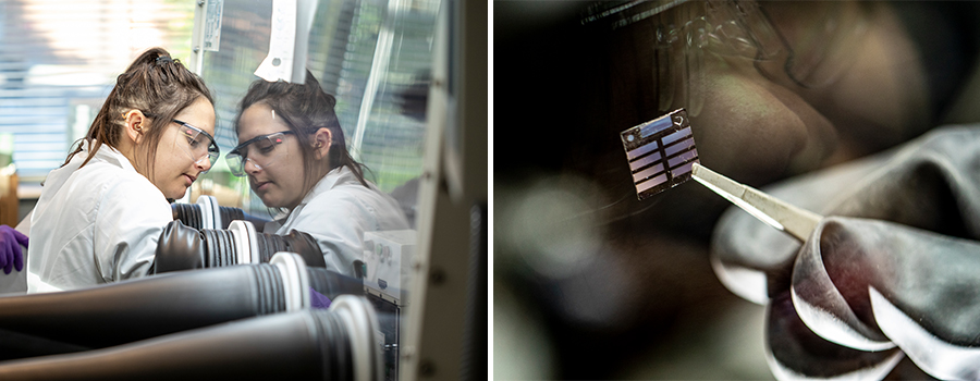 Left: Woman with her hands inside an inert glovebox enclosure fabricating a lithium ion battery. Right: A closeup of a sample.