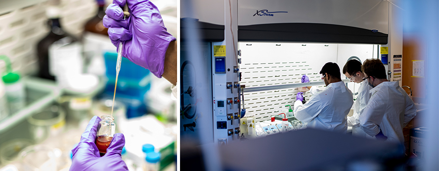 Right: Three students in a lab preparing a solution. Left: A closeup of the solution.