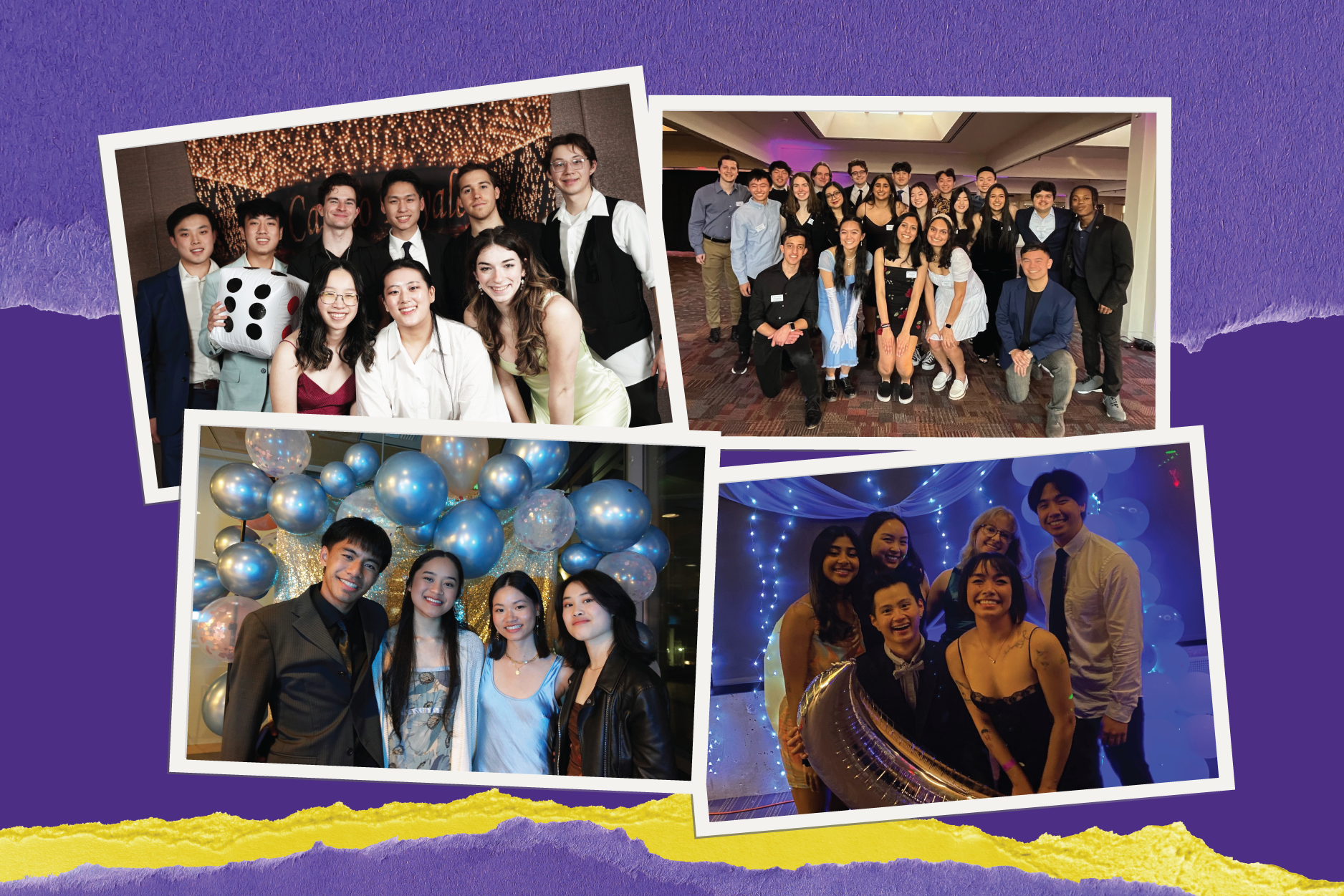 Four Polaroid photos of students smiling at the camera during the engineering formals, set against a purple and yellow ripped paper background