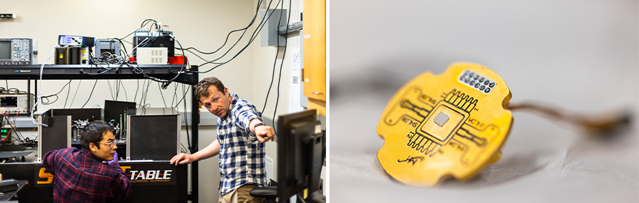 Collage of two images.Image 1: Two men in a lab looking at a computer screen. Image 2: Close up of quantum diamond sample.