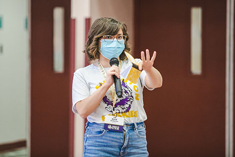 Alex Prybutok, an assistant teaching professor in chemical engineering, talking and gesturing with her hands