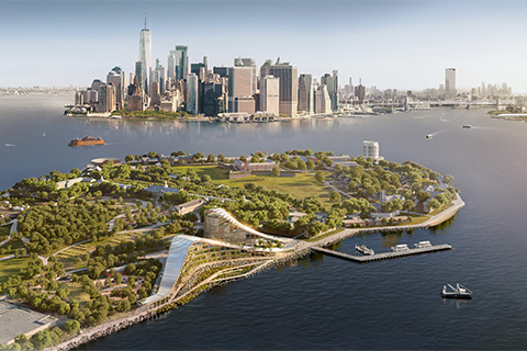 green island with curved glass buildings and Manhattan in the background