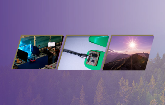 Collage: researcher at the UW Harris Hydraulics Laboratory, a sustainable computer mouse and a bright sun illuminating a landscape photo of Mt Rainier