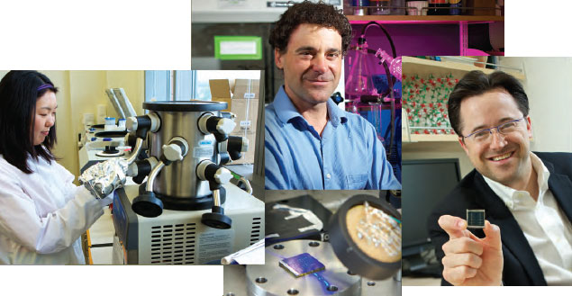 composite photo of student working in the Pun Lab, Pat Stayton, and Hugh Hillhouse holding chip