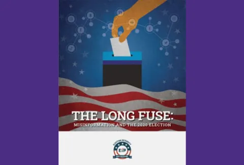 illustration of a person putting a ballot in ballot bos with text "The Long Fuse: misinformation and the 2020 election"