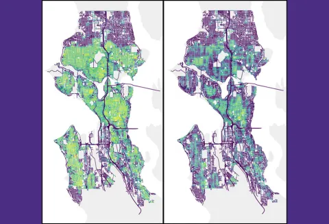 Side by side maps of Seattle color-coded based on normalized sidewalk reach between normative walking profile and manual wheelchair user profile. The map on the left shows more extensive NSR for the normative walking profile compared to the map on the right.