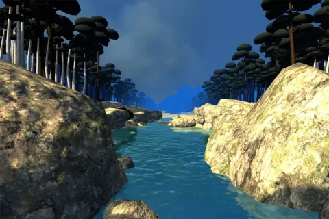 A virtual reality rendition of a river scene