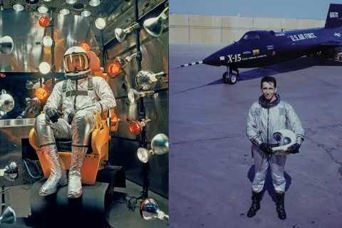 Scott Crossfield siting in a spacesuit side by side with photo of Scott near plane