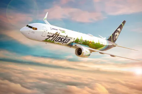 A rendering of this year's ecoDemonstrator plane, a Boeing 737-9 operated by Alaska Airlines.