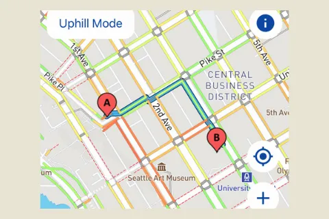 Close-up of downtown Seattle map displaying color-coded routing between two pins in "uphill mode," from a screenshot of the AccessMap app