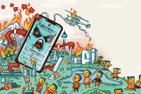 Illustration of a giant smart phone with fake news on its screen destroying a city 