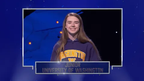 UW student waves to the camera during their intro on Jeopardy!