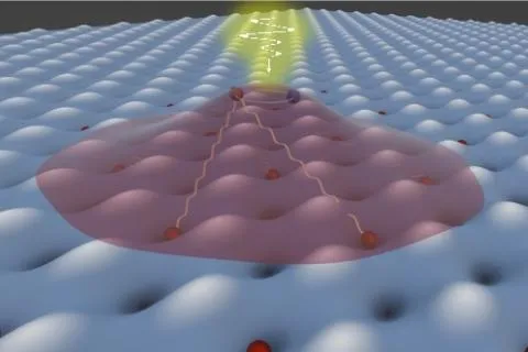 A cartoon depiction of the light-induced ferromagnetism that the researchers observed in ultrathin sheets of tungsten diselenide and tungsten disulfide.