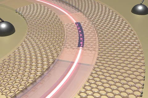 An artistic rendering of a silicon-based switch that manipulates light through the use of phase-change material (dark blue segment) and graphene heater (honeycomb lattice). 
