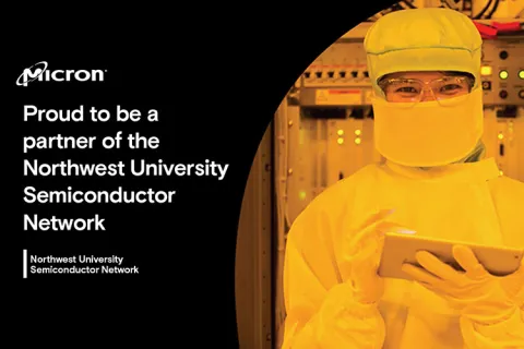Student wearing protective gear while holding iPad. Overlaid text: "Proud to be a partner of the Northwestern University Semiconductor Network"