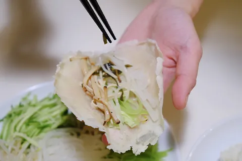 A hand holding a spring roll open in the palm. Inside the spring roll are noodles and finely chopped vegetables. Behind the hand is a plate containing more vegetables.