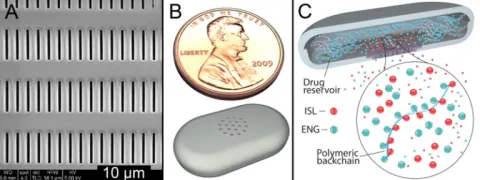 Scanning electron microscopy of implant nanoscale channels controlling drug release, B) Design of long-acting implant for 2-year uninterrupted anti-HIV and contraceptive drug delivery showing size relative to a penny; (C) Drugamer formulation of the two drugs to stabilize the compounds for over 2 years and to control their release rate and duration together with the nanoscale channels and membranes.