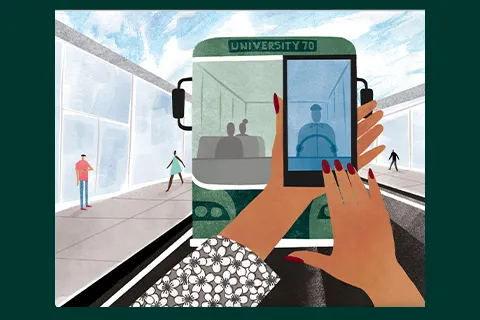 Illustration of hands holding a phone in front of a bus