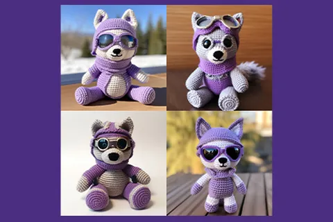 Four AI-generated images show different interpretations of a doll-sized “crocheted lavender husky wearing ski goggles,” including two pictured outdoors and one against a white background.