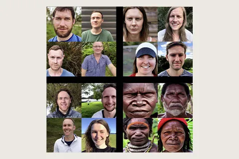 This image compares 16 images generated by Stable Diffusion. In the lower right quadrant, images generated to represent “a person from Papua New Guinea” show four dark-skinned people, while the other 12 images, representing people from Oceania, Australia and New Zealand show only light-skinned people.