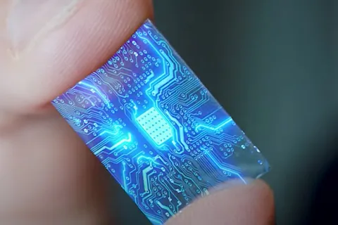Close-up of a small, clear microchip with blue electronic circuitry held between two fingers.