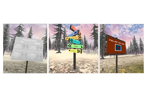 Three images each set in 3D animations of a snowy forest 