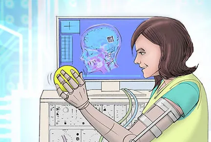 An illustration of a woman holding a ball with an artificial arm