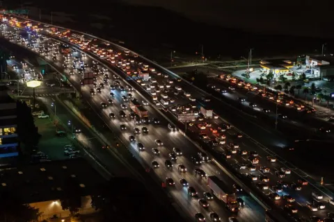 A traffic jam on a huge freeway at night