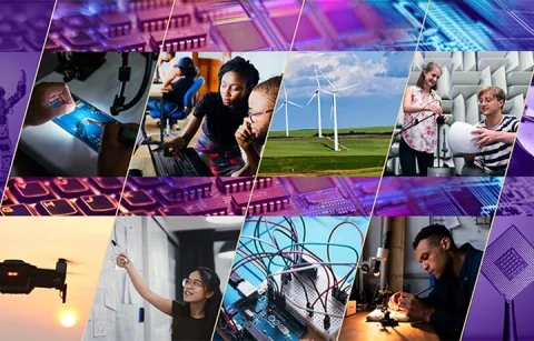Collage of action shots of students doing electrical engineering technology related activities