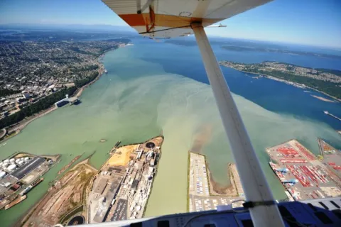 view of land and water from an aircraft